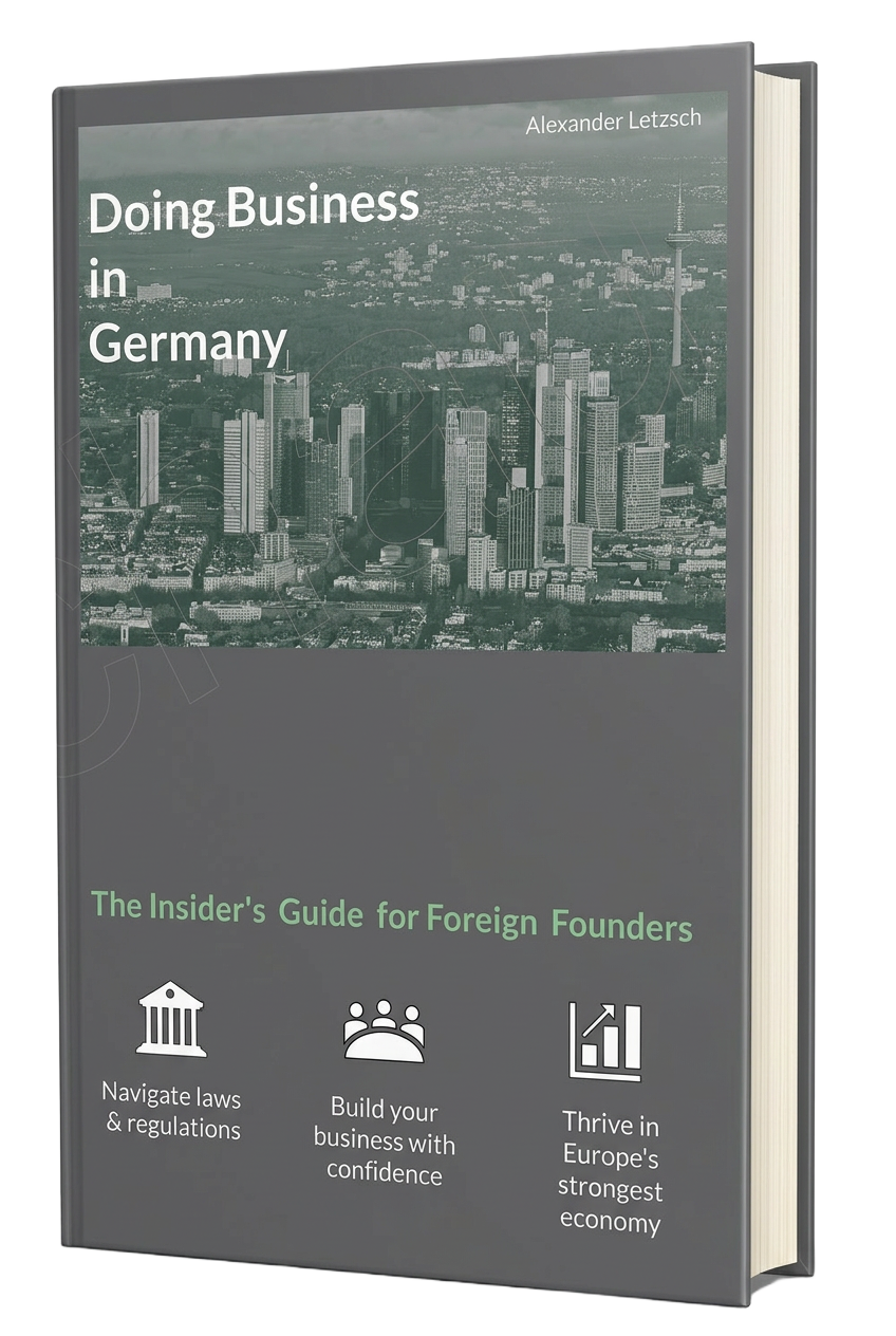 Doing Business in Germany hardcover book cover showing a navy blue design with a gold Germany banner and legal, tax and daily operations chapter cards